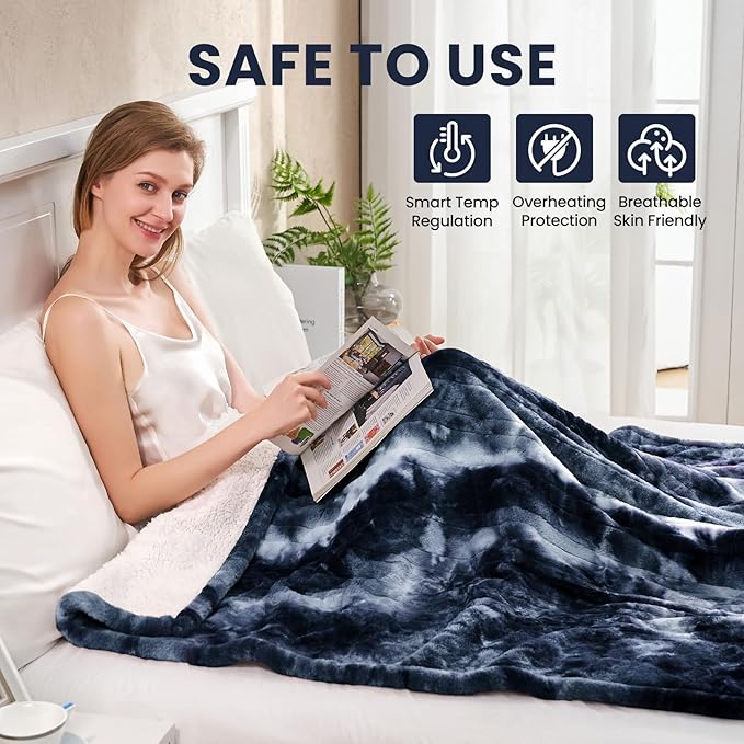 Electric Heated Throw Blanket 50"x60",Luxury Blue Faux Fur Electric Blanket,Fast Heating Soft Fluffy Thick Electric Blanket with 6 Heating Levels & 12H Auto Off