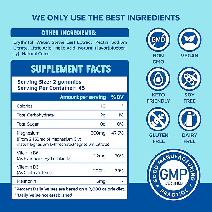 Magnesium Glycinate Gummies 2150 mg with Melatonin 5mg for Adults Sleep Support, Stress Relief, Blueberry Gummies 90 CT