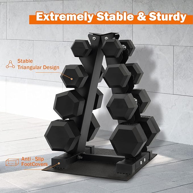 Rubber Coated Hex Dumbbell Weight Sets and Storage Rack, 100LBS Set or 150LBS Set, 5-20 lbs Pairs or 5-25 lbs Pairs