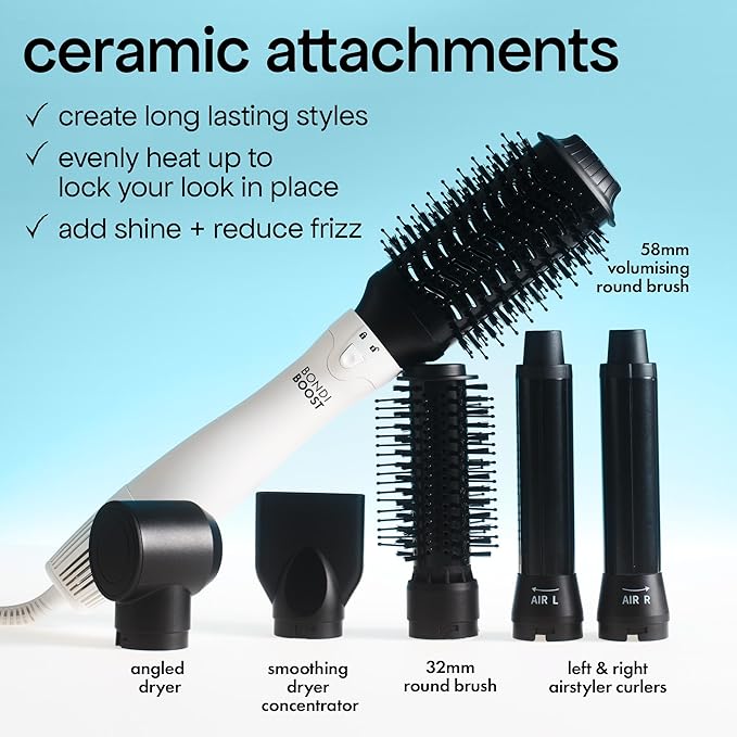 BONDIBOOST 6-in-1 Everlast Airstyler System - Wet to Dry Hair Styler, Hair Dryer Brush with Curlers, Round Brushes, Dryer & Concentrator Attachments, Versatile Heat & Airflow Settings + All Hair Types