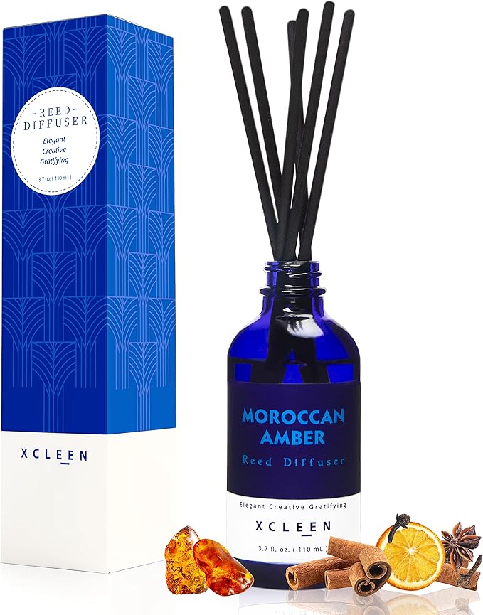 Reed Oil Diffuser Set, Fragrance Diffuser - Floral Notes, Vanilla, Cinnamon & Amber, Includes 6 Rattan Scented Sticks Diffuser Reeds, Home & Office Decor, 110ml/3.7oz