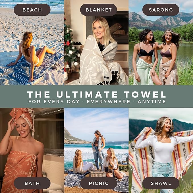 FESHKA Sand Free Turkish Beach Towel (37 x 67) Quick Dry Bath Towel, Oversized Beach Blanket, Lightweight for Travel - Made with 100% Organic Turkish Cotton - Saguaro (Green)