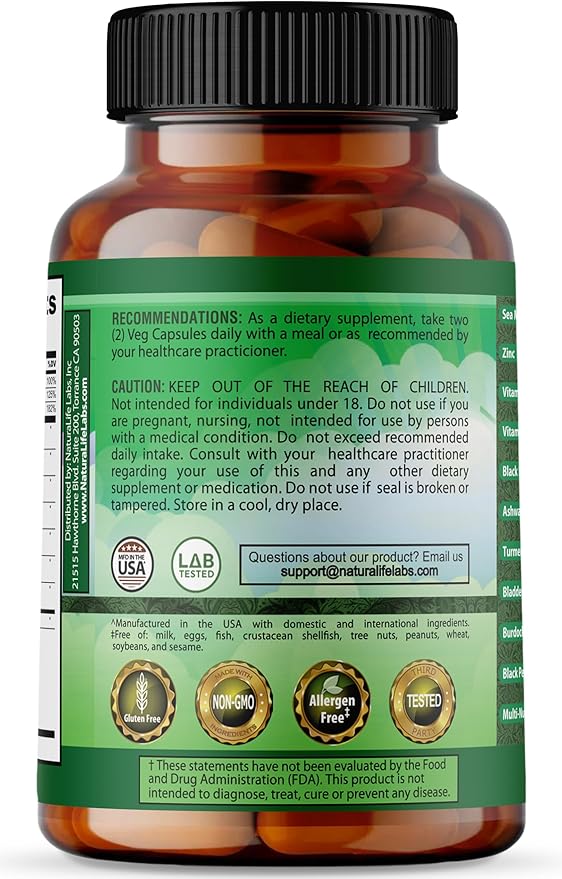 Sea Moss, Black Seed Oil, Bladderwrack, Turmeric, Ashwagandha, Burdock, Vitamin C, D3, Yellow Dock Root, Manuka, Dandelion - 90 Veggie caps