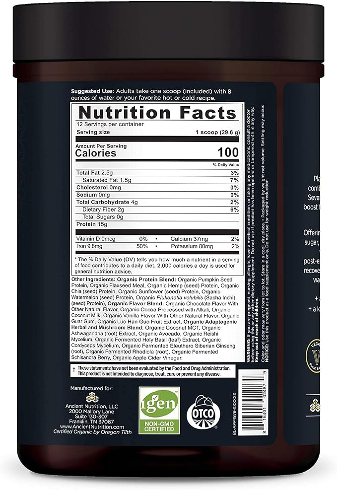 Ancient Nutrition Plant Based Protein Powder, Plant Protein+, Chocolate, Organic Vegan Superfoods Supplement, 15g Protein Per Serving, Gluten Free, Paleo Friendly 12 Serving