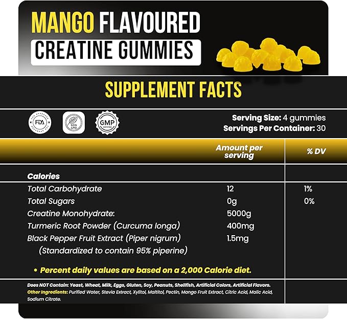 Creatine Monohydrate Gummies 5000mg 120 Count Sugar Free for Men & Women - Mango Flavor Vegan Creatine Supplement for Muscle Strength, Energy, Endurance & Workout Gummies