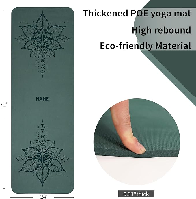 HAHE Yoga Mat Thick (8MM,1/3"), Eco-Friendly POE Non Slip Yoga Mat, High Rebound & Shock Absorption, Anti-Tear & Sweat-Resistant for Yoga, Fitness, Home, Workouts, Large Pilates Mats 72"x24" with Carrying Strap