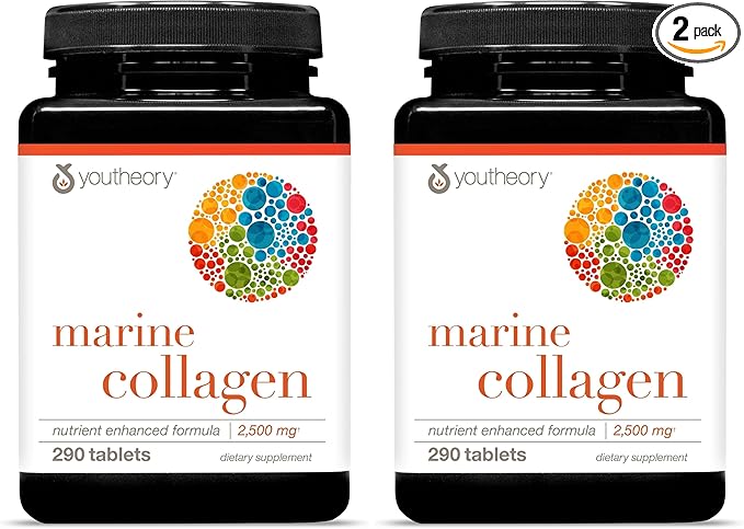 Youtheory Marine Collagen - 2,500 mg Hydrolyzed Collagen - Supports Skin* - Fish-Sourced Collagen - with Vitamin C, A, C, E, B6, B12 & More - Highly Digestible and Absorbable - 290 Tablets (Pack of 2)