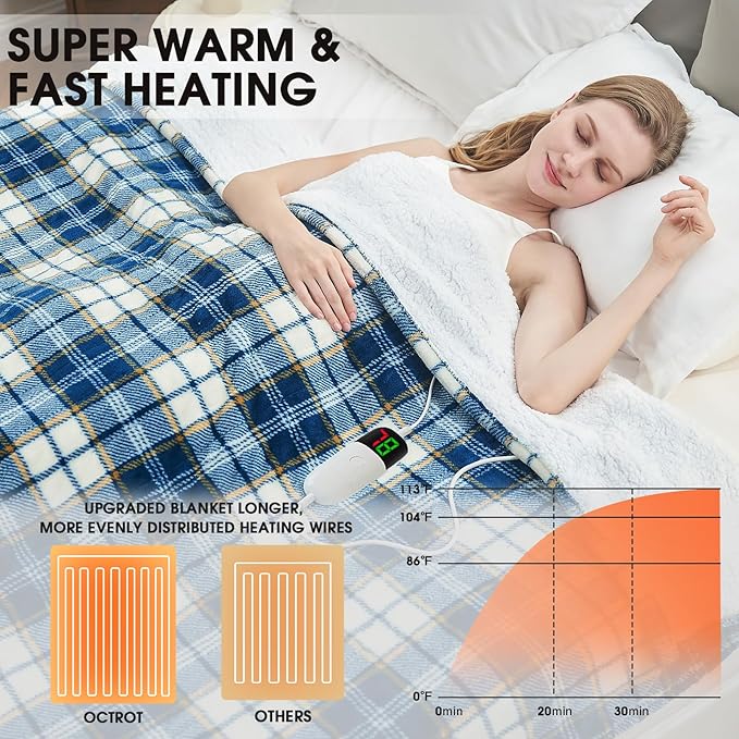 Heated Electric Blanket Twin Size,62X84 Heating Blanket with 10 Heats Levels&8 Hours Auto Off&Timer,Blue Plaid Soft Cozy Sherpa Blankets Warmer Gifts for Grandma Women Adult,Fast Heating Washable,ETL