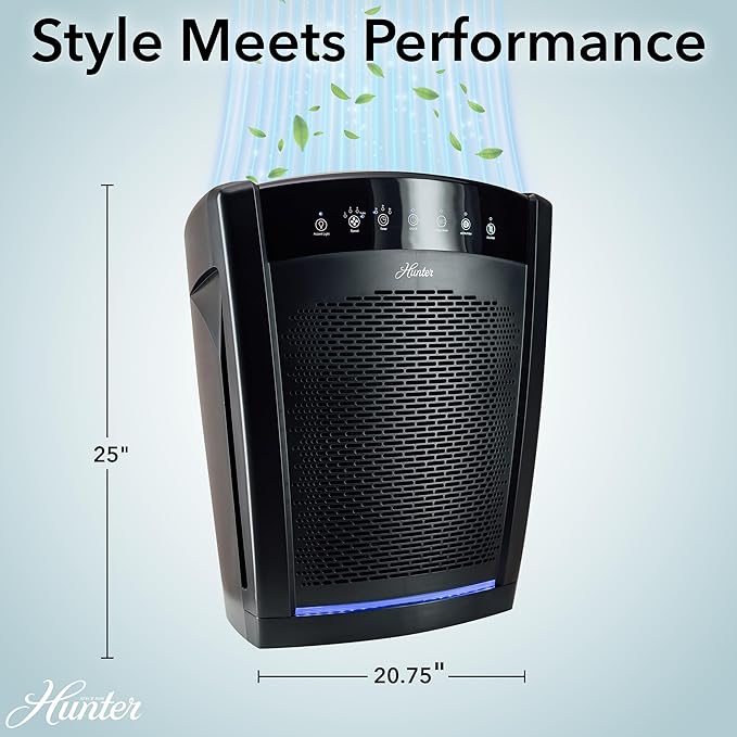 Hunter HP800 Air Purifiers for Home Large Room and Bedroom. True HEPA Air Purifier for Pets, Odors, Allergens, Smoke, Dust, VOC's. 4 Fan Speeds, Quiet Sleep Mode. Cleans 2585 Ft² per Hour. Black