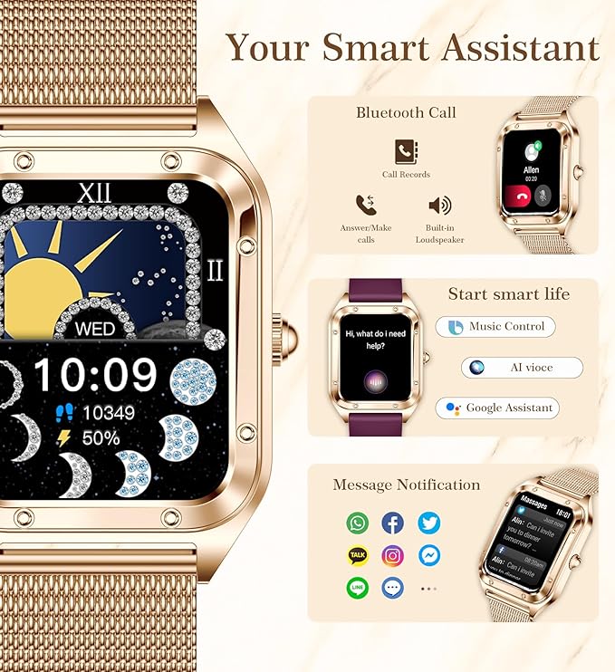 Smart Watch for Women, 1.6'' Bluetooth Call(Answer/Dial), Activity Fitness Tracker with Heart Rate/Sleep Monitor 100+ Sports Pedometer AI Voice, Smartwatch for Android iPhone Compatible (Rose Gold)