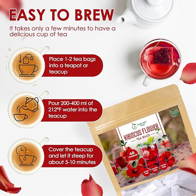 Premium Hibiscus Tea Bags - Dried Hibiscus Flower Tea Bags - 40 Teabags, 2.5g/bag), 100% Natural & Pure Hibiscus Flowers, Sugar/Caffeine/Gluten Free. Good For Your Health