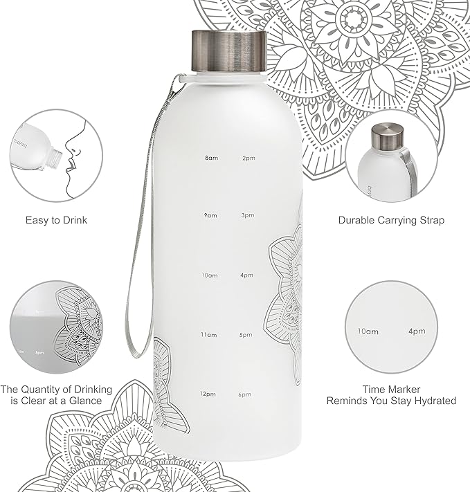 bzyoo 32 OZ 1 Liter Time Marker Water Bottle Frosted Durable Plastic With Strap - Reusable Clear Bottle With Times To Drink Time Markings For Daily Hydration Intake BPA Free (Silver)