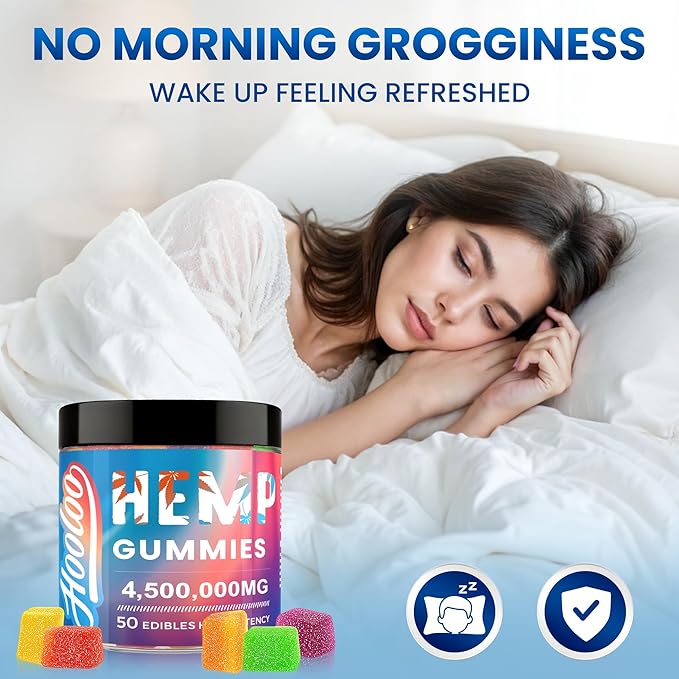 HOOLOO Hemp Gummies for Deep Bedtimes, Unwind, Focus - 6 Fruity Flavors Big Cubes Gummy Infused Vitamins Omega 3 - Extra Stength 4,500,000mg for Adults - Made in USA