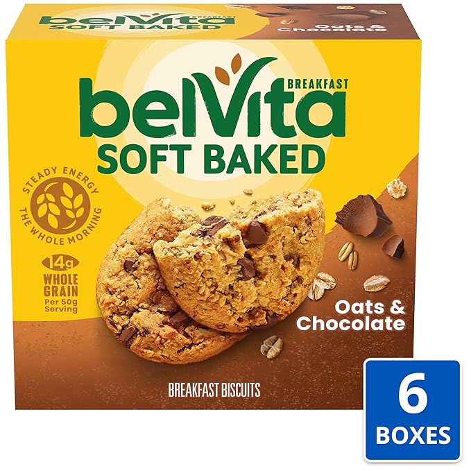 belVita Soft Baked Breakfast Bars, Oats & Chocolate, 6 Boxes of 5 Packs (1 Biscuit Per Pack)