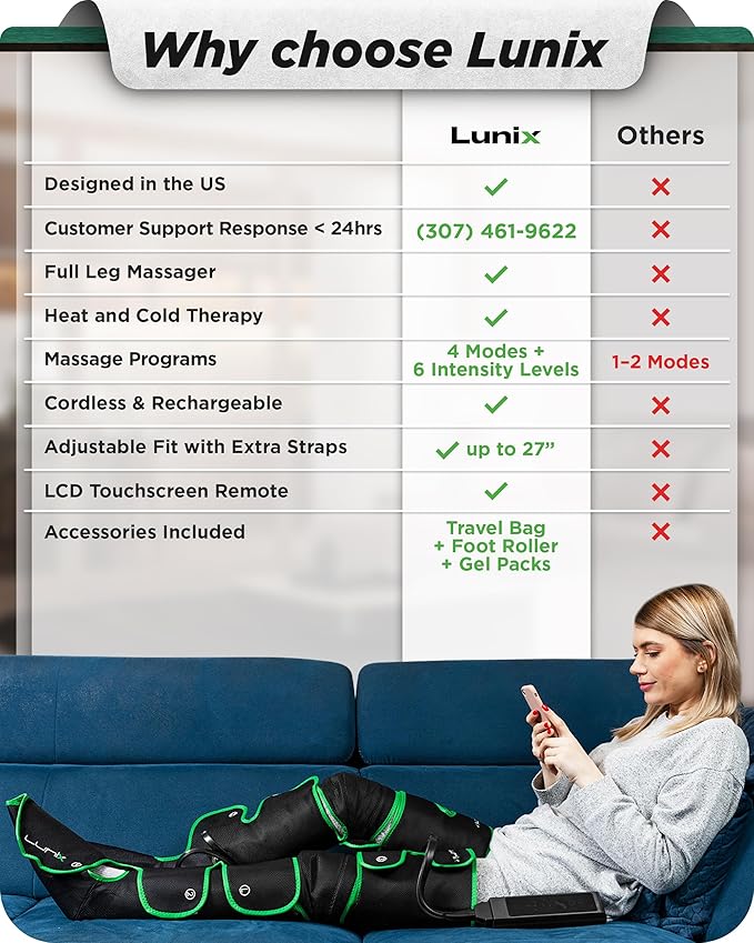 Lunix LX10 Full Leg Massager for Circulation, Compression Boots for Circulation, Leg Recovery Compression System, Pain Relief for Legs and Feet, Green
