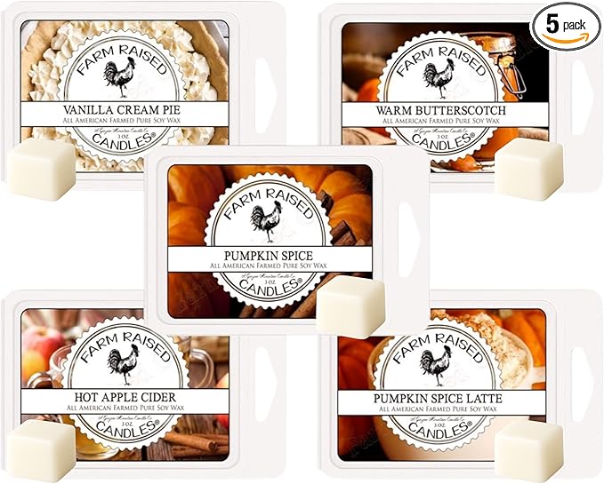 Farm Raised Candles β Pumpkin Wax Melts Variety 1 LB Bundle (16 oz) - USA Made - 5 Packs β Vanilla Cream Pie, Apple Cider, Fall Scented Candles β Fresh from The Farm - Soy Wax Melts Fall scents