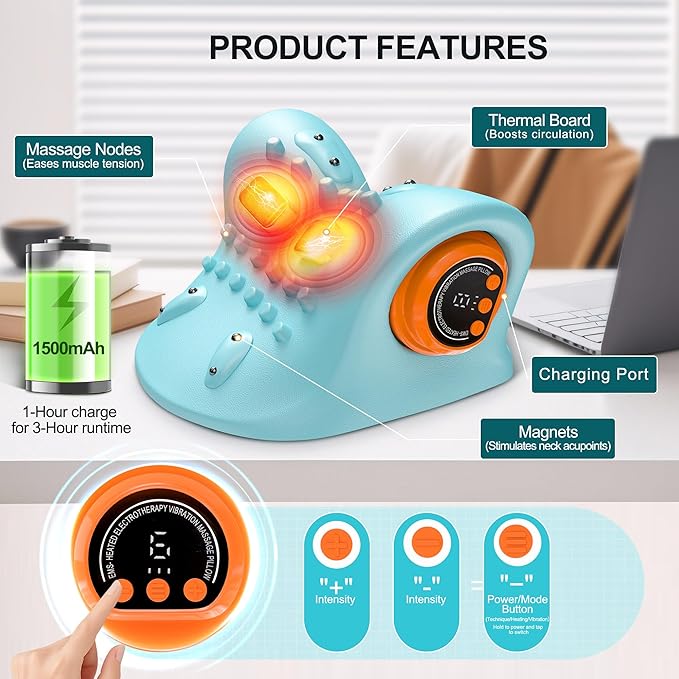 snawowo Neck Massager with Heat - 3D Kneading 3 Heat 3 Vibration, Remote Control Massage Pillow, 30° Ergonomic for Shoulder Neck Pain Relief, 15Min Timer (Sky Blue)