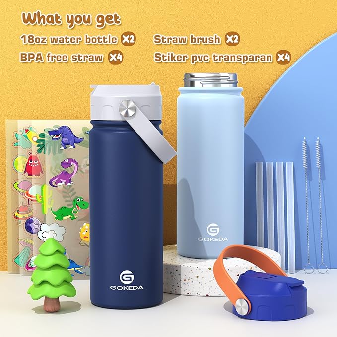 GoKEDA 18oz Kids Water Bottle, 2 Pack Insulated Bottles with Stickers, 18/8 Stainless Steel Vacuum Leak Proof Straw Cup for School, Gifts for Boys(Light Blue, Dark Blue)