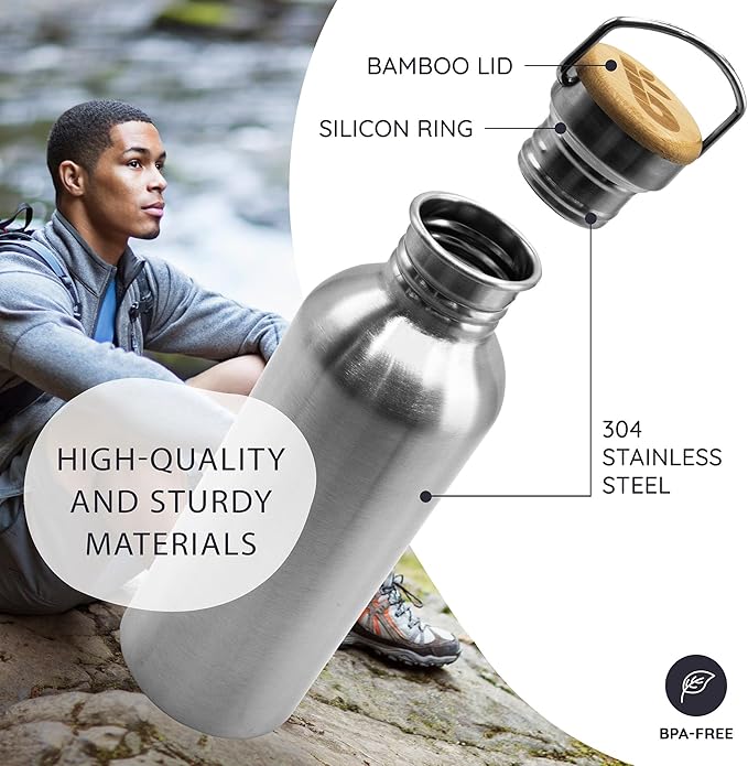 Bambaw Stainless Steel Single Wall Water Bottle, 24 oz, 750 ml, Reusable, Leakproof, Dishwasher Safe, BPA Free, Ideal for Travelling, Hiking, Yoga