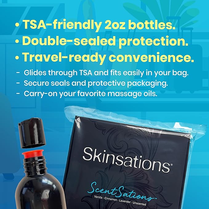 Skinsations - Massage Oil Kit (Set of 4) Natural Scents of Vanilla, Cinnamon, Lavender | Blend of Sweet Almond Oil, Fractionated Coconut Oil, Grapeseed Oil & Jojoba Oil, Travel Size