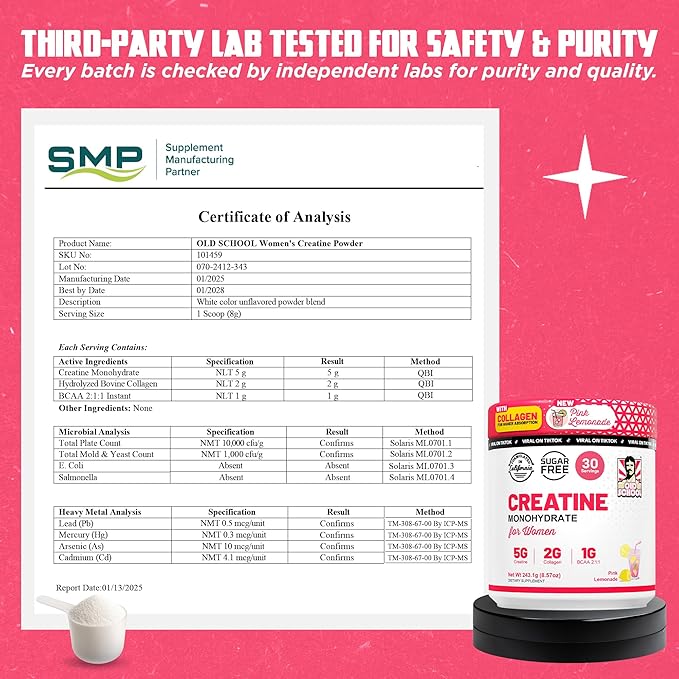 Old School Labs 5g Creatine Monohydrate Powder with Collagen & BCAA ∣ Women's Post-Workout Formula for Muscle Repair & Recovery, Energy & Lean Muscle Support, 30 Servings Pink Lemonade