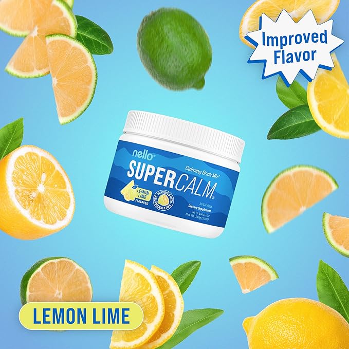 Nello Supercalm Powdered Drink Mix, Lemon Lime, L Theanine, Ksm-66 Ashwagandha, Magnesium Glycinate, Vitamin D 3, Supplements for Relaxation & Focus, Natural, No Sugar, Non GMO, 30 Srvgs