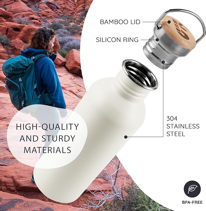 Bambaw Stainless Steel Water Bottle 16 oz - Non-Insulated, Dishwasher Safe, for School - Small Size Metal Bottle - Polar White