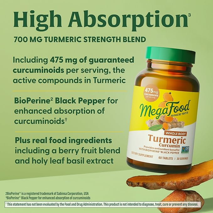 MegaFood Whole Body Turmeric Curcumin Supplement - Turmeric Supplement With Black Pepper & Vitamin C - 475 mg Curcuminoids Per Serving - Antioxidant & Immune Support - Vegan - 60 Tablets, 30 Servings