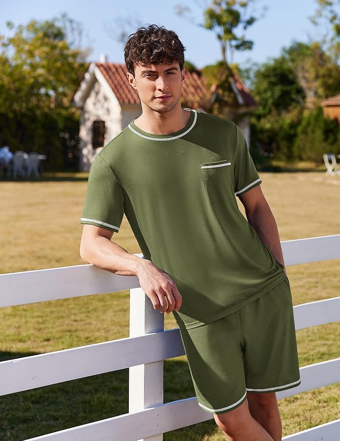 Ekouaer Men's Pajamas Set Casual Short Sleeve Shirts and Shorts Soft 2 Piece Loungewear With Pockets