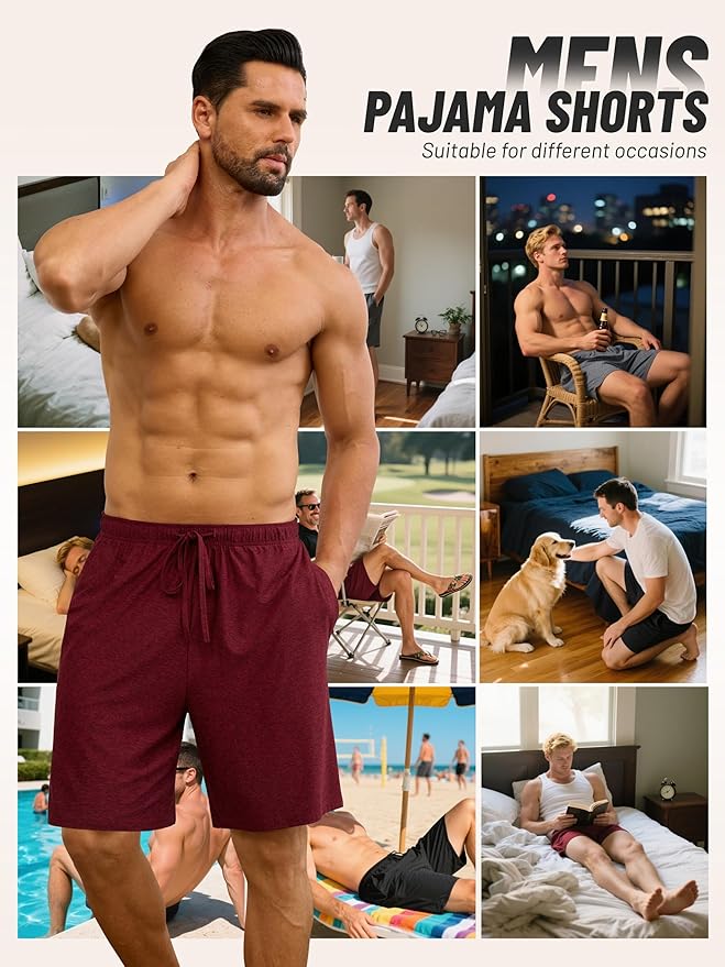 3 Pack Mens Pajama Shorts, Soft Sleep Shorts with Pockets Elastic Waist Drawstring Lounge Dry Fit Sleepwear Bottoms