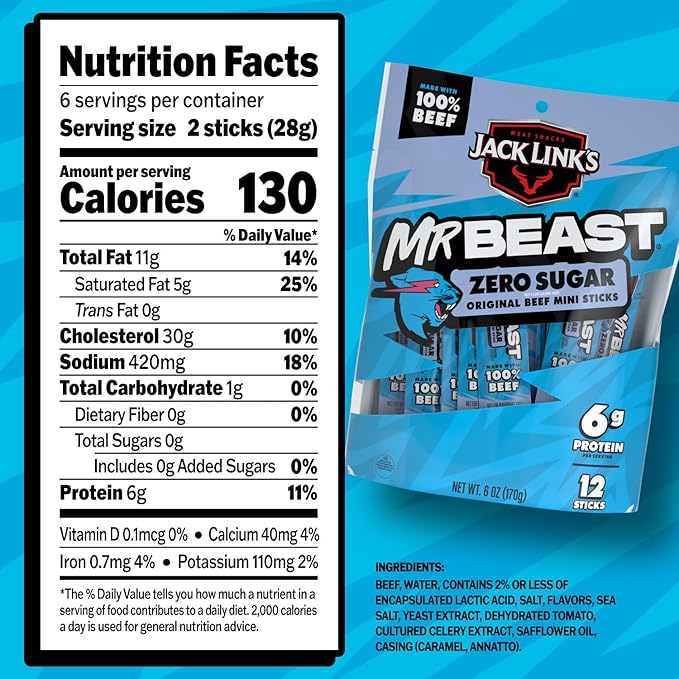 Jack Link’s x MrBeast Zero Sugar Mini Beef Sticks – 6g Protein per 2 Individually-Wrapped Meat Sticks, Made with 100% Real Beef, Perfect for School Lunches, Kids Snacks, 12 Count of .5oz Sticks