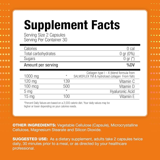 VITASEI Salmoflex Marine Collagen Peptides with Hyaluronic Acid and Vitamin C, D, E - Salmon Collagen Supplement for Bone and Joint - Hair, Skin and Nails Vitamins - 60 Capsules (Pack of 3)