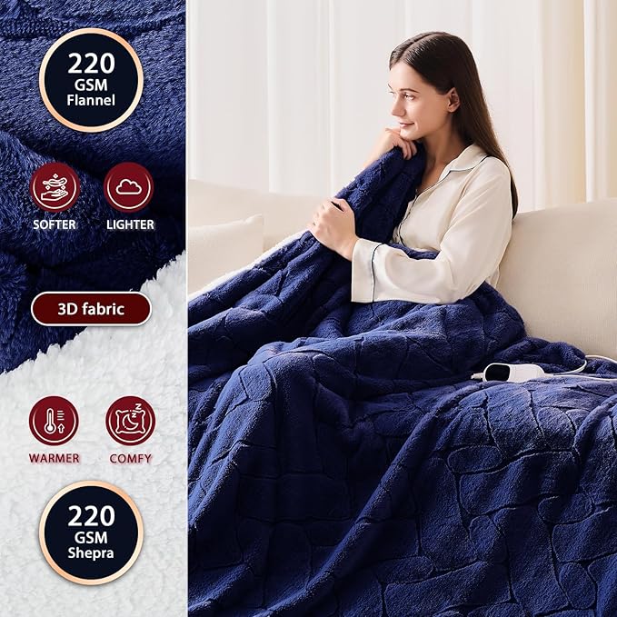 Heated Electric Blanket- Electric Throw Blanket 84"x90" for Bed-5 Heating Levels& 4 Hours Auto Off for Couch Home Office - Soft Faux Fur Fabric for Full Body(Blue)