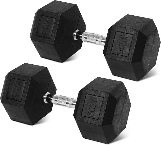 Rubber Encased Hex Weights Dumbbells Set of 5 – 50 lb Pair | Cast Iron Hand Weights with Anti-Slip Grip for Home Gym Strength Training