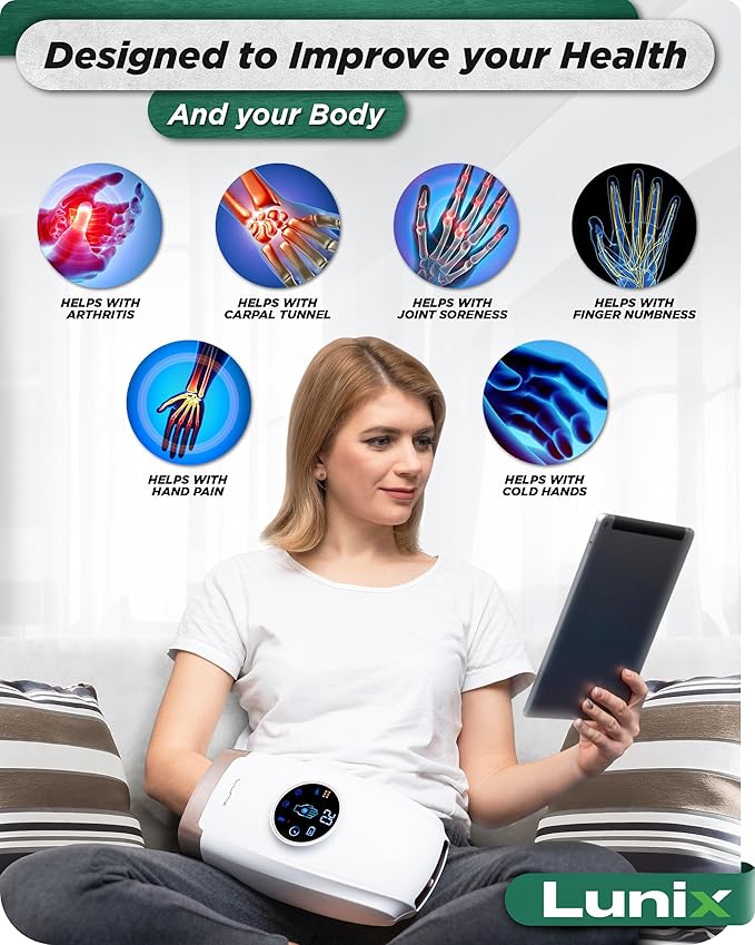 Lunix LX7 Electric Hand Massager with Heat and Compression, Pressure Point Therapy for Arthritis, Pain Relief and Carpal Tunnel, with Hand Warmer, White
