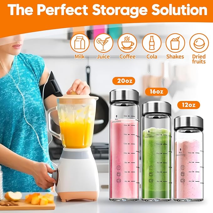 Glass Juice Bottles 16 oz-4 Pack Leak Proof Wide Mouth Water Bottle with Stainless Steel Lid & Sleeve - for Juicing, Smoothies, Infused Water, Beverage Storage, Eco-Friendly Borosilicate