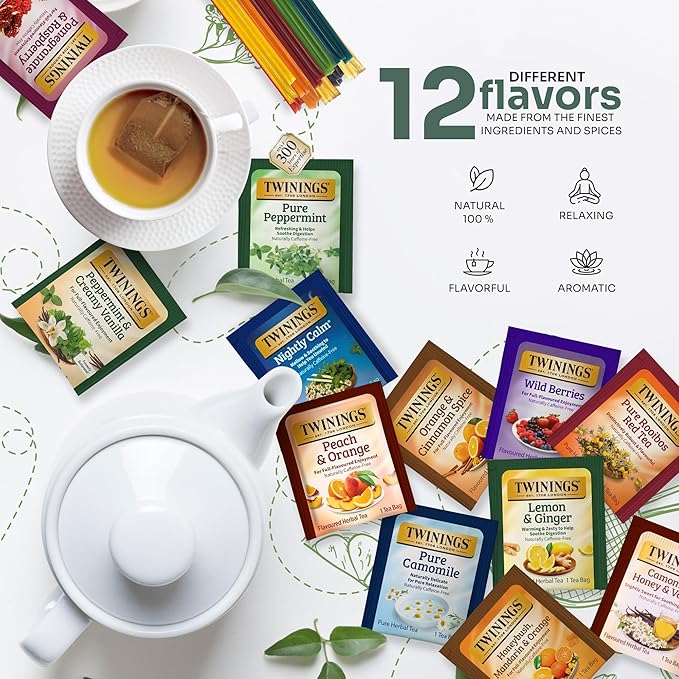 Twinings 48 Tea Bags Herbal Variety Pack, Bundle with 20 Flavored Honey Sticks – 12 Flavors Caffeine-Free Individually Wrapped Teas for Gift Basket, Office, Lobby Refreshments