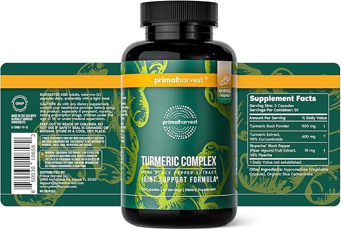 Primal Harvest 1 Pack, Primal Turmeric Complex w/Black Pepper Extract, Joint and Mobility Support Supplement for Women & Men, 60 Capsules