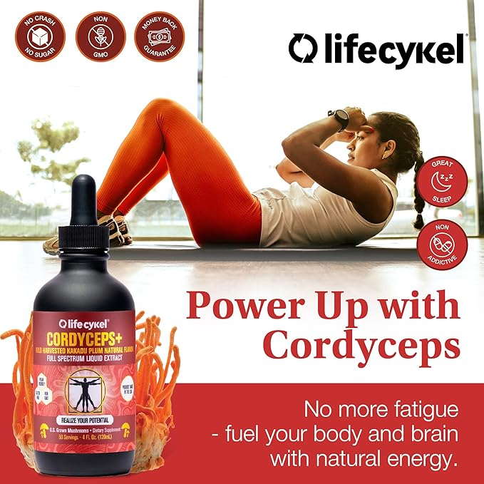 Life Cykel Cordyceps Mushroom Extract with Kakadu Plum - Energy, Stamina & Vitality Support, Natural Aging Supplement - Non-GMO and Vegan Tincture - 1Fl Oz