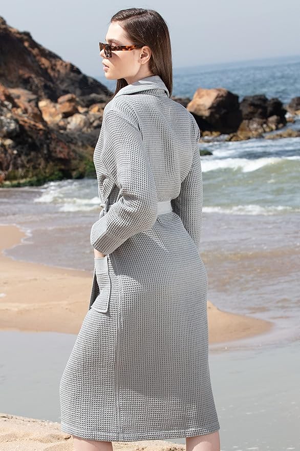 SEYANTE Women’s Luxury Waffle Shawl Collar, Hooded Robe w Piping – Lightweight, Long, Ultra Soft Spa Sleepwear Bathrobe