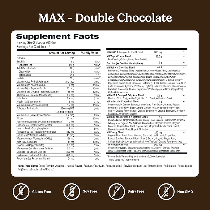 VitaHustle ONE Max Protein + 5g Creatine, 30g Plant Protein Powder, All-in-One Meal Replacement Shake with Greens, Adaptogens, Ashwagandha, Probiotics & Vitamins – Double Chocolate, 15 Servings