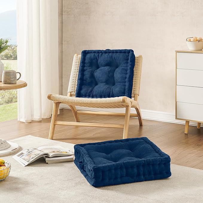 Square Floor Pillows for Adults Kids - Meditation Floor Pillow Seating Cushion - Tufted Floor Cushion with Shredded Foam & Velvet Cover, 1 Pack, 20x20 Inch, Dark Blue