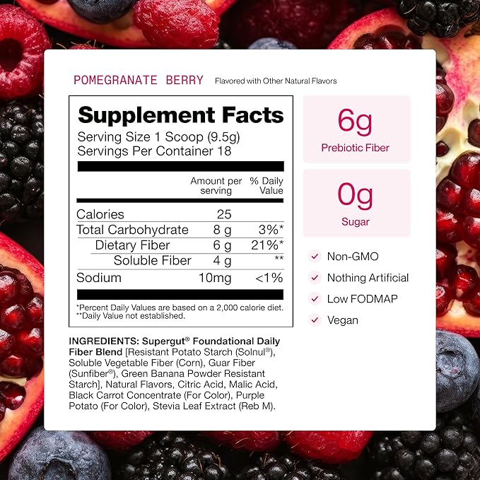 Supergut Foundational Daily Fiber Powder, Sugar Free & Vegan Prebiotic Fiber Blend for Gut Health & Digestive Support, Supplement for Men & Women with Solnul & Sunfiber, Pomegranate Berry, 18 Servings