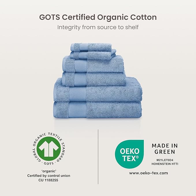 BIOWEAVES 100% Organic Cotton 700 GSM Plush Washcloths 13" x 13" GOTS Certified - Cerulean Blue, Pack of 12