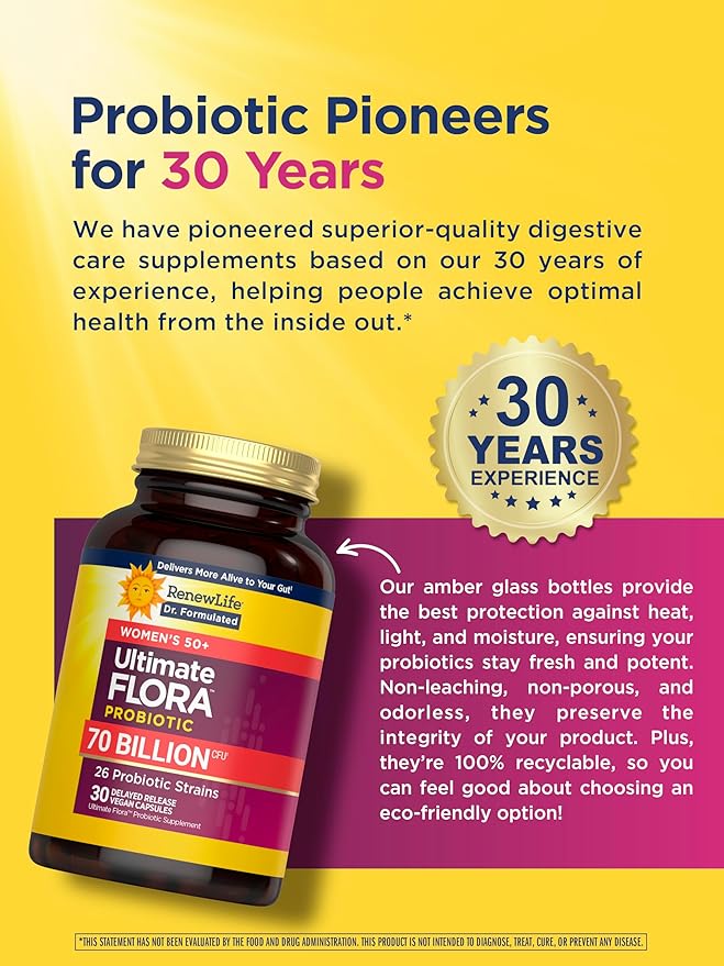 Renew Life Ultimate Flora Probiotics for Women 50+ 70 Billion CFU Delayed Release Vegan Capsules | Vaginal | Digestive Health | Immune Health | Dairy Free | 30 Count