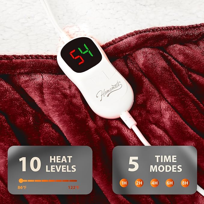 Homemate Electric Heated Blanket Twin - 62"x84" Heating Bed Blankets Throw with 10 Heating Levels 8 Hours Auto Off Fast Heating Over-Heated Protection Ultra Soft Warm Flannel ETL Certified Red