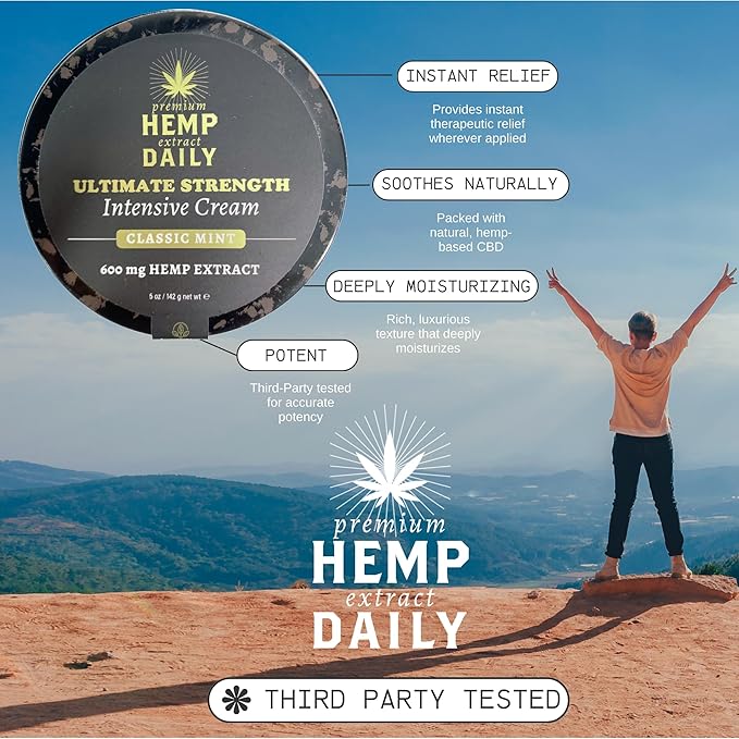 Premium Hemp Extract Daily Ultimate Strength Intensive Cream - Muscle, Knee, Joints, Back, Neck and Shoulder Rub - Organic Ingredients, Topical Lotion with Essential Oils - Grapefruit Mint, Single 5oz