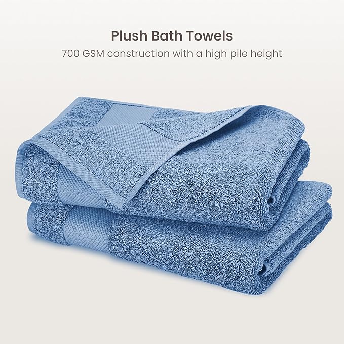 BIOWEAVES 100% Organic Cotton 700 GSM Plush Bath Towels 30" x 58" GOTS Certified - Cerulean Blue, Pack of 2