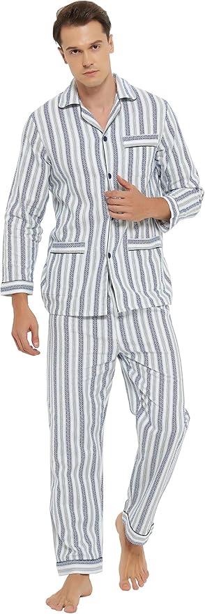 GLOBAL Men's Pajamas Sets 100% Cotton Flannel Sleepwear Long-Sleeve top & Bottom