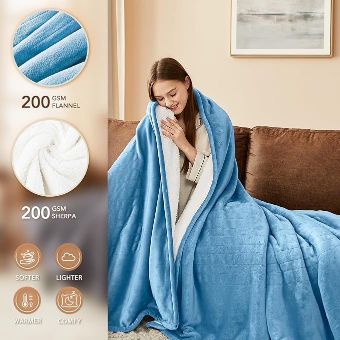 Homemate Heated Blanket Electric Throw - 50"x60" Heating Blanket Throw 1/2/4/6/8 Hours Auto-Off 10 Heat Level Over-Heat Protection Flannel Sherpa ETL Certification